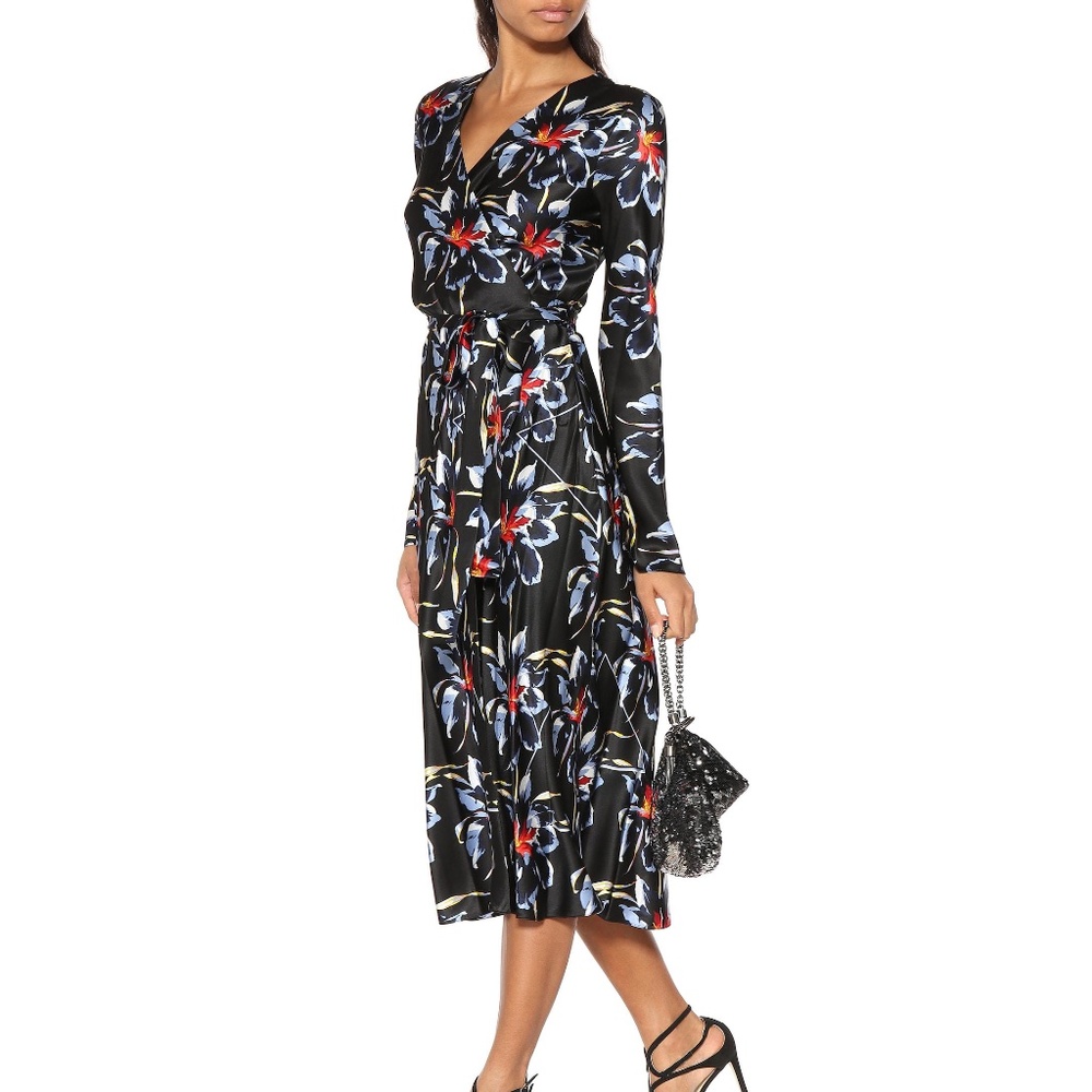 Diane Von Furstenberg Black Floral Long Sleeve Midi Wrap Dress